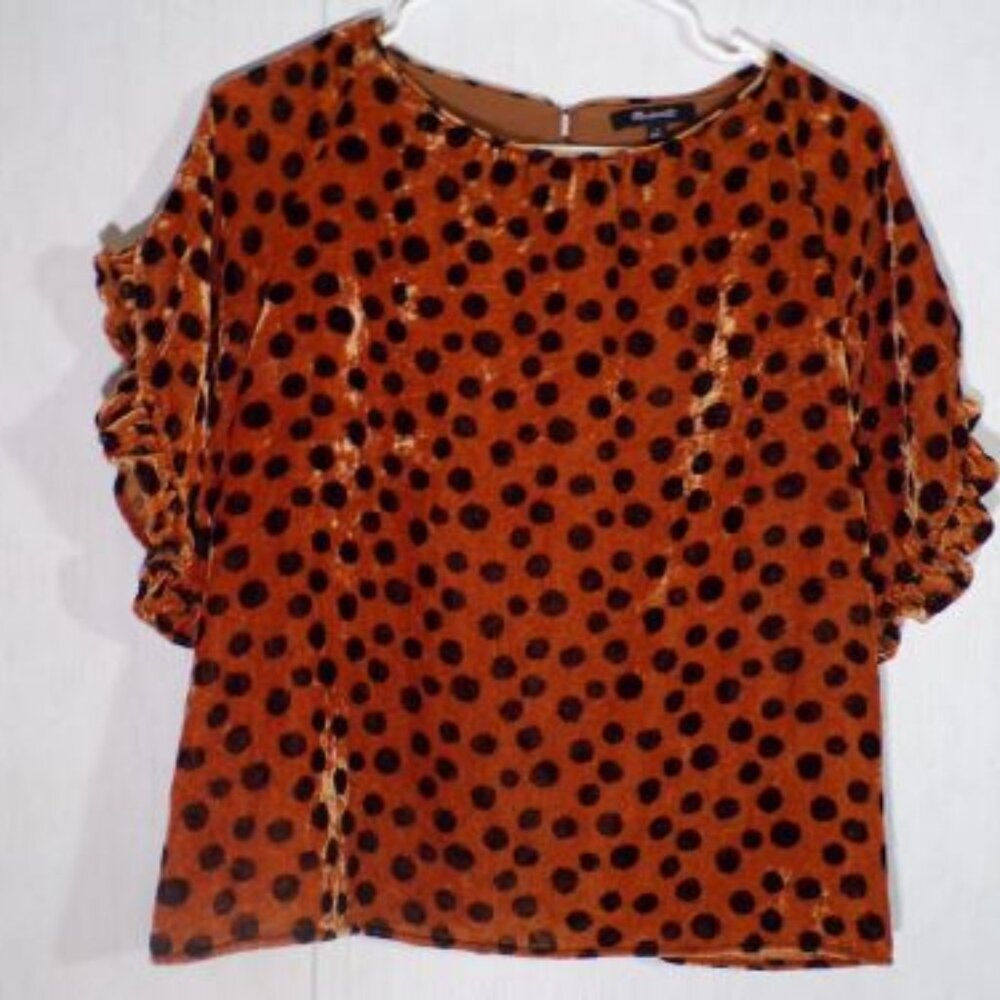 Madewell Womens Velvet Memento Ruffle Sleeve Top Size S Leopard Dot Orange Black